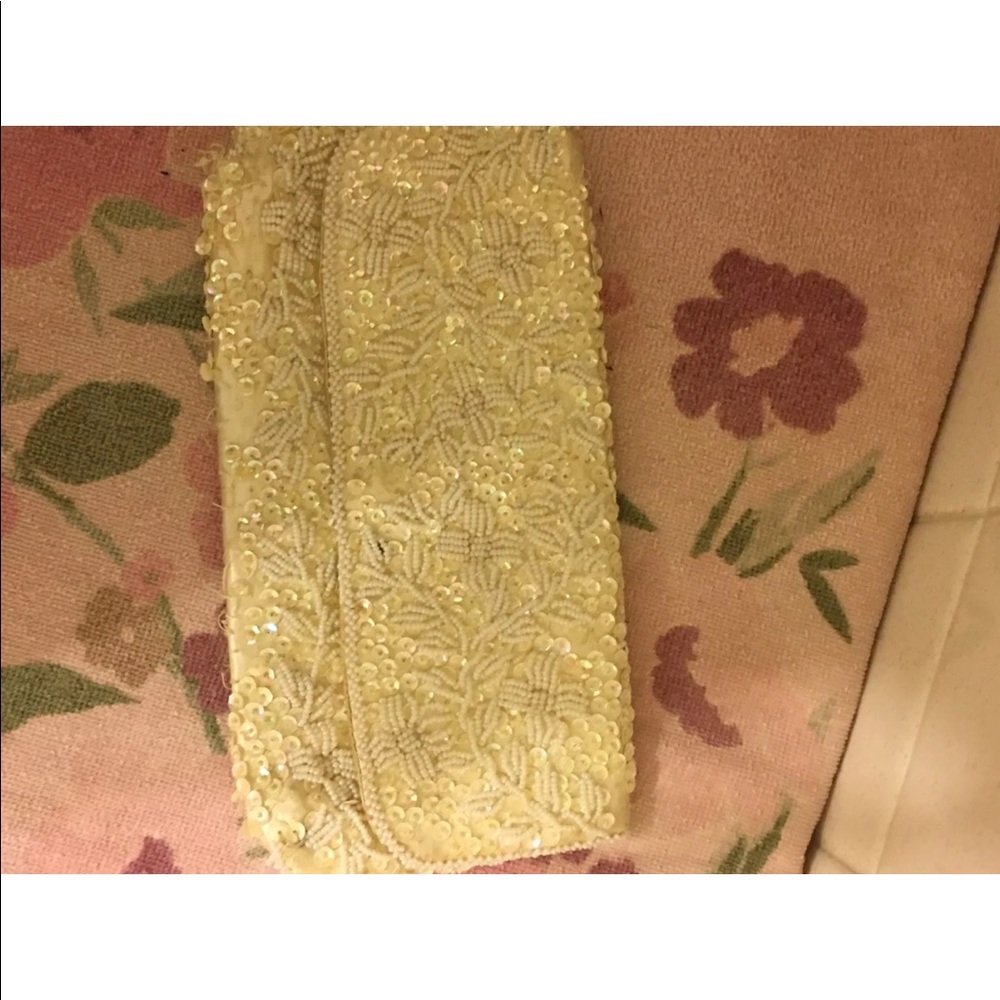 Beaded clutch vintage bag Ivory crystal pearls sequence